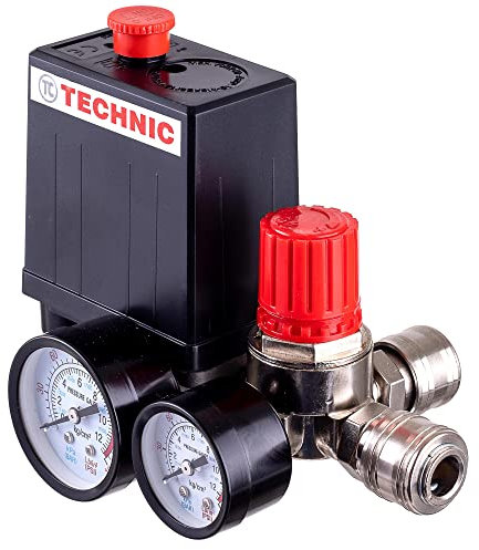 TC TECHNIC, regolatore di pressione, interruttore per compressore d'aria, 2 manometri, automatico, nero