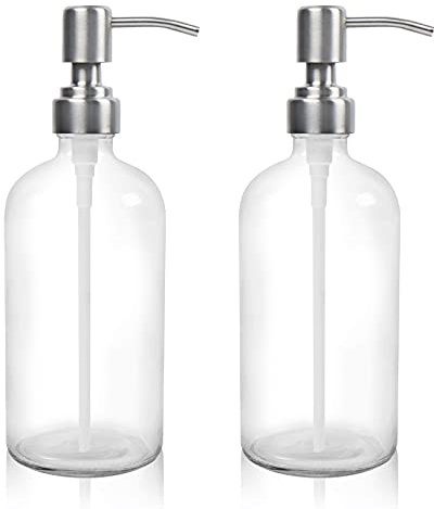 2 Pack Clear Glass Soap Dispenser Refillable Washing Up Liquid Soap Dispenser with Stainless Steel Pump for Bathroom Kitchen 17.5oz. Transparent
