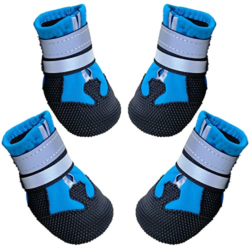 AMOMYDOG Hundeschuhe, 4 Stück Atmungsaktive Hunde Schuhe Outdoor mit Rutschfester Sohle, Verstellbarem Reflektierendem Klettverschluss Hundestiefel für kleine, Mittlere und Große Hunde (Blau, XXL)