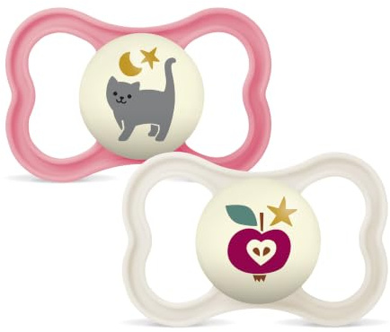 MAM Ciuccio con scudo ventilato, bagliore al buio, a partire da 16 mesi, tettarella extra sottile e flessibile in silicone facile accettazione, con scatola autsterilizzante, Supreme, rosa opaco, 2