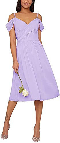 SAYNO Vestido de dama de honor sin tirantes de gasa corta fuera del hombro formal vestido de fiesta de baile, Lila, 40