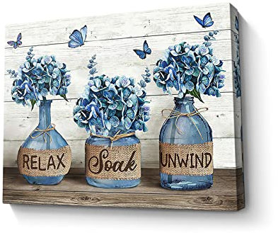 Arte de pared para decoración de baño de granja, hortensia en tarro de masón, imagen temática enmarcada para sala de estar, dormitorio, baño, oficina, decoración del hogar, 12 x 16 pulgadas