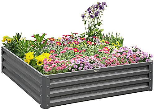 Outsunny 432L Square Raised Garden Bed Box with Weatherized Steel Frame for Vegetables, Flowers and Herbs, 120 x 120 x 30cm, Light Grey