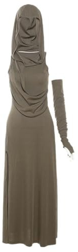 Abito con Cappuccio a Vita Alta Tinta Unita da Donna Nuova Estate Donna-Khaki-S