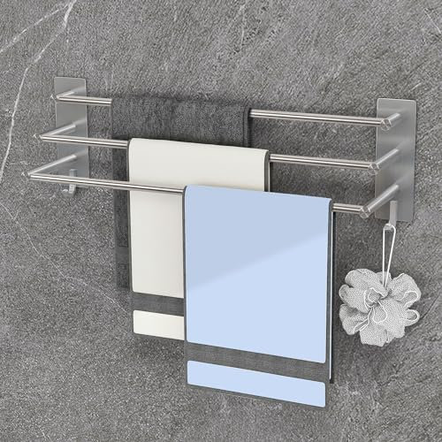 Vista Selbstklebende Handtuchhalter 3 Stangen 60cm SUS304 Edelstahl Handtuchhalter ohne Bohren Silber mit Zwei Haken Handtuchstange für Küche, Bad, Schlafzimmer