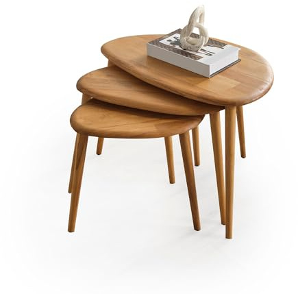 FAWdecor Solid Wood Nesting Coffee Table Set of 3 - Mid Century Modern Pebble Tables with Tapered Legs – Wooden Home Furniture in a Retro Style (Oak)