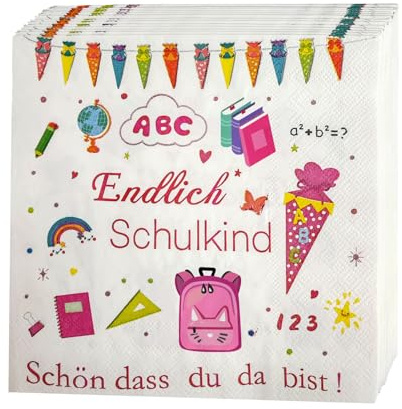 36 Stück Servietten Einschulung 3-Lagig Servietten Schön dass du da bist!' Schulkind Servietten Schulanfang Tischdeko Einschulung Mädchen Junge 33x33cm Papierservietten Schulanfang Deko