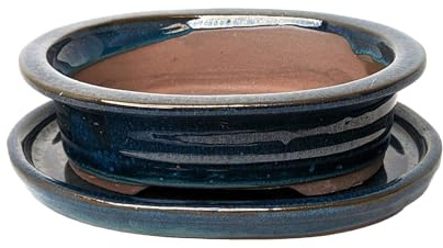 Bonsaischale aus glasierter Keramik mit passenden Abtropfschalen, Blau, 16 cm