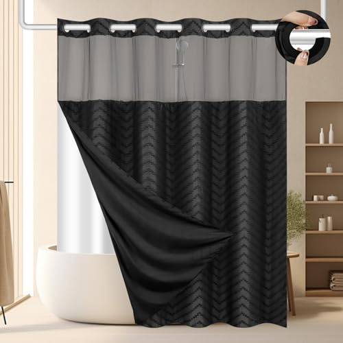 FADOTY No Hook Shower Curtain and Liner Set, Black Snap in Shower Curtain Ringless Chevron Tufted Cloth Waterproof Washable Fabric Bath Curtain with See Through Top Window for Bathroom Hotel 71 x 74