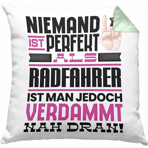 Trendation Radfahrer Geschenk Kissen mit Füllung 40x40 Lustige Geschenkidee für Radfahrer Geburtstag Niemand Ist Perfekt Aber Als Radfahrer Ist Man Nah Dran (Grün)