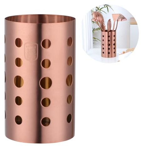 TUPMFG Soporte de acero inoxidable para utensilios de cocina, soporte para palillos y cubiertos de cocina, organizador para tenedores, cucharas, cuchillos, utensilios de cocina, 10 x 17 cm (oro rosa)