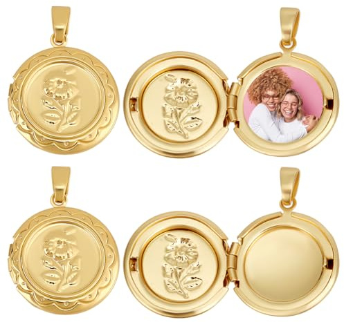Beebeecraft 1 Box Mit 6 goldenen Medaillon Anhängern Zum Öffnen Flach Rund Mit Blume Medaillons Aus Echtem 18 Karat Vergoldetem Messing Erinnerungs Fotorahmen Anhänger Charms Zur Schmuckherstellung