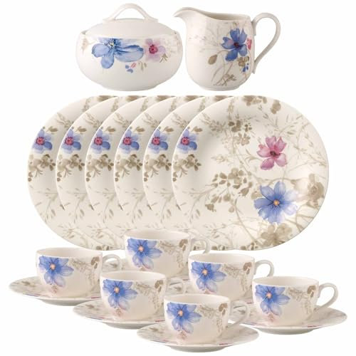 Villeroy & Boch Mariefleur Gris Service à café 20 pièces | Tasses à café avec soucoupes et assiettes à gâteau pour 6 personnes | Service à lait et sucre | Porcelaine de qualité supérieure avec décor