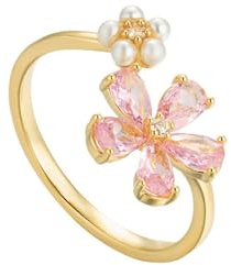 IMINI Dainty Flower Ring for Women Girls Sparkling Crystal Daisy Adjustable Statement Rings Pearl Chic Engagement Promise Ring Wrap Finger Open Band 14K Gold Plated Jewelry Gifts (Pink)