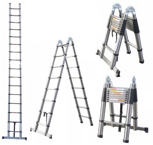 16.5FT Portable Telescopic Ladder 5M Extendable Ladder Folding A-Frame Ladder Anti Slip with Stabilizer Bar Heavy Duty Stainless Steel(2.5M+2.5M), More Sturdy and Durable than Others