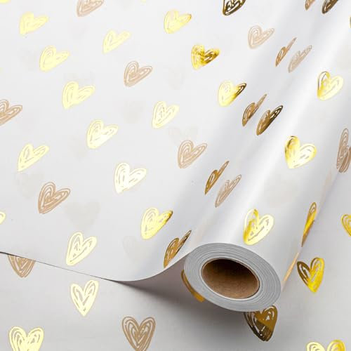 Wikadlik Süßes Geschenkpapier, luxuriöse Goldfolie, Herz-Design, Geschenkpapierrolle für Valentinstag, Hochzeit, Geburtstage, Weihnachten, Feiertage, 43 cm x 10 m