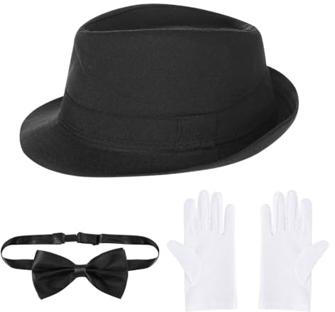 Barn klassisk Fedora Trilby hatt Panama-hatt 3 delar kort kant plommonhatt jazz keps fluga handskar för pojkar 3-7 år gammal 80-tal scen disco fest fin klänning kostym tillbehör, Svart, en storlek