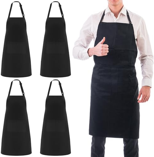 Zanfqvo 4 Piezas Chef Delantal, Negro Delanta Impermeable con 2 Bolsillos, Delantal de Barbacoa con Correas Largas, para Barbacoa Cocinar Hornear Jardinería