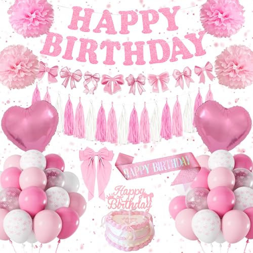Globos Decoracion Cumpleaños, Lazo Rosa Decoraciones para Fiesta de Cumpleaños, Globos Rosa y Blanco, Feliz Cumpleaño Decoraciónes Mujeres,Topper Tarta, Globos de Cumpleaño Lazos Party Deco