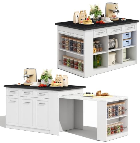 Isla de cocina multifuncional con 150 cm+96 cm, mesa de comedor extensible blanca, encimera de madera de mármol blanco y negro, armarios de almacenamiento integrados, ideal para cocinas familiares,