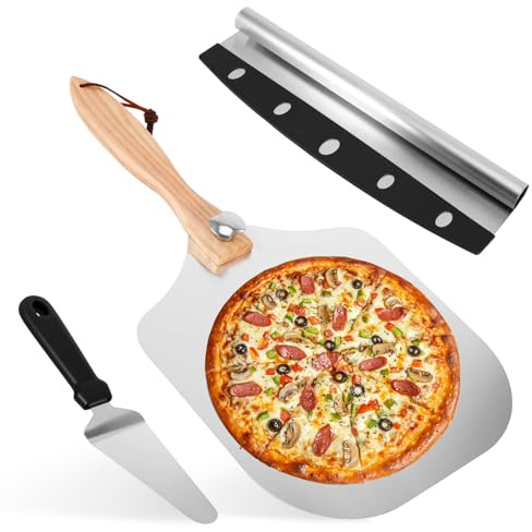 Pizzaschieber 30,5cm mit Abnehmbaren Faltbarer Klappgriff, Pizza Schaufel Set mit Großer Pizzaschneider + Kuchenheber Tortenheber,Aluminium Pizzaschaufel für hausgemachte Pizzen, Backen, Brot