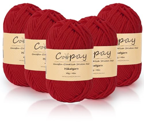 Coopay Wolle zum Häkeln, 225g (5x45g) Weiches Häkelgarn, 5 Faiding Wolle zum Stricken, Babywolle zum Häkeln für Anfänger, Super Weich Häkelgarn Babywolle für Häkel- und Strickprojekt - Zwei Rote