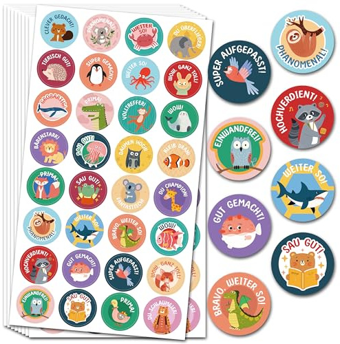 BIROYAL 1600 Tier Belohnungsaufkleber, Motivationssticker, 50 Blatt, 25mm | 32 Muster, Selbstklebende Sticker Lehrer, Deutsch Belohnungssticker, Reward Stickers, Sticker Tiere für Lehrerbedarf