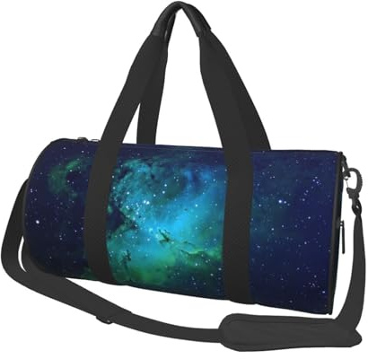 Runder Seesack aus Segeltuch, Motiv: Galaxie, grün bedruckt, wasserdicht und reißfest. Faltbare Wochenend-Reisetasche