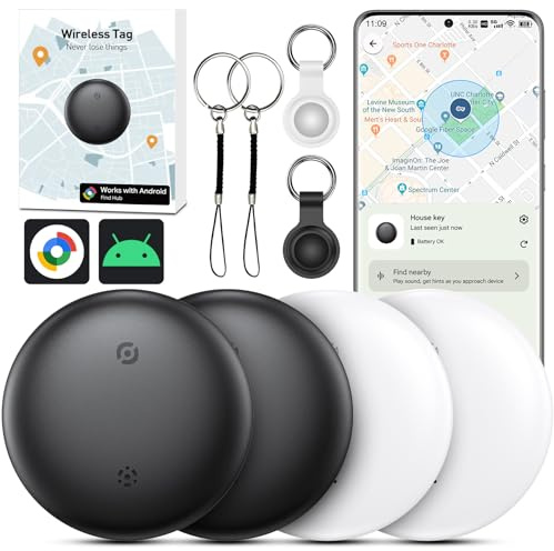 Air Tracker Android, 4 Pack Android Smart Tracker Schlüsselfinder Key Finder kompatibel mit Google Find Hub APP (Android NUR), Bluetooth Tracker für Gepäck,Koffer, Haustier (Schwarz und Weiß, 4 pcak)