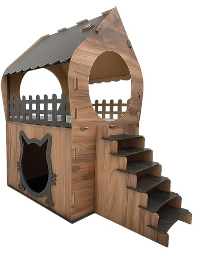 Maison pour chat en MDF à deux étages - Marron et marron foncé - Construction sans outil - Tailles XL, XXL, 3XL (marron et marron foncé, 3XL)