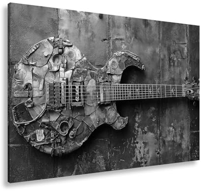 deyoli Leinwandbild Mosaik-Gitarre aus rostigem Metall mit industrieller Seele Format: 80x60cm Effekt:Schwarz&Weiß XXL Kunstdruck Bild auf Keilrahmen/Wandbild/Wohnzimmer Dekoration