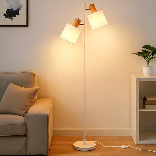 CBJKTX Stehlampe Wohnzimmer Stehleuchte Stoff Vintage Holz Standlampe E14 | Drehbar 350° Standleuchte Retro 2 Flammig Weiß mit Fußschalter für Schlafzimmer Büro Kinderzimmer (ohne Leuchtmittel)