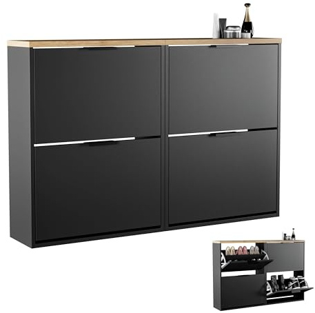 Planetmöbel 2 x Zapatero Estrecho con 2 Puertas, Organizador Zapatos con 4 estantes, Armario Zapatero para recibidor, Pasillo, guardarropa 60 x 23 x 80,5 cm, Negro
