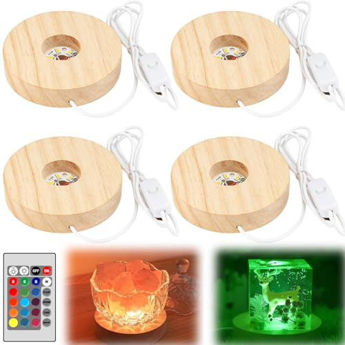 GOMETY Lot De 4 Socles Lumineux LED En Bois Rond - Base D'Affichage Pour Cristal, Verre, Acrylique - 7 Couleurs Réglables Avec Télécommande - Éclairage De Table