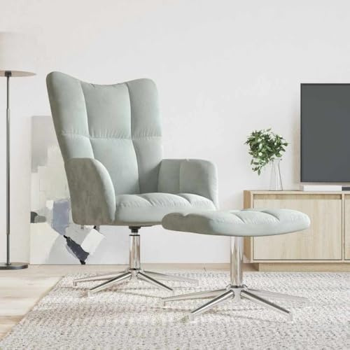 QZZCED Sillón de Relax con Taburete Terciopelo Gris Claro Sillón Relax Giratorio 360° con Estructura Acero y Base Cruz para Máximo Confort