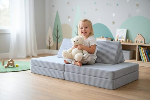 CozyKing Kindersofa in Cord Silber (hellgrau) – Weiches Spielsofa für Kinder mit abnehmbarem & waschbarem Bezug – Vollschaumkern, atmungsaktiv, Oeko-Tex 100 – Made in EU, ideal fürs Kinderzimmer