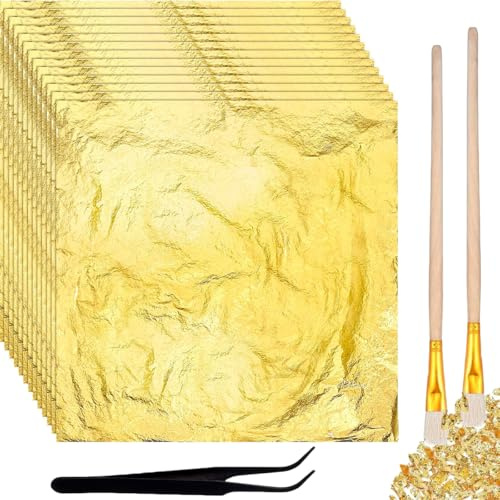 Artspherees 200 ark bladguld för pyssel, imitation av bladguld, bladguld akrylmålning, guldfolie för naglar, trä, möbeldekoration, gör-det-själv-hantverk (14 x 14 cm)