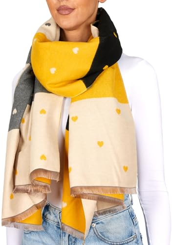 BRUBAKER Cashmirillo Damen Schal mit Herz Muster - 70 x 200 cm - Warm, Kuschelig & Oversized - Damenschal für Herbst & Winter - Winterschal - Weiches Kaschmir-Gefühl - Gelb, Grau & Schwarz