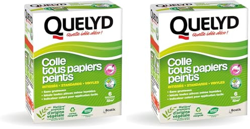 Quelyd Colle Tous Papiers Peints Avec Indicateur Coloré – Papiers Peints Intissés, Standards, Vinyles et Spéciaux – Sans Grumeaux – Sans Solvant –300 g (6 rouleaux - 32 m²) (Lot de 2)