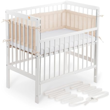 FabiMax Boxspring Baby Beistellbett Flex 90x55, TÜV geprüft, aus Buchenholz weiß lackiert, mit innovativem verstellbarem Seitengitter, passend für Boxspringbetten (Matratze Classic, Beige)