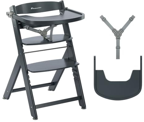 Bebeconfort Timba 2 Justerbar Barnstol i Trä, +6 Månader, Upp till 110 kg, Ergonomisk Matstol Barn, Passar De Flesta Matbord, Avtagbar Bricka, Justerbar Sits och Fotstöd, Warm Grey