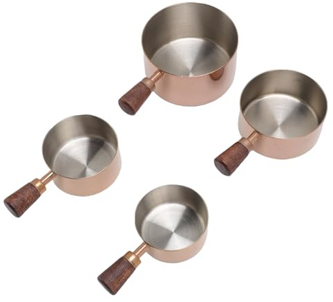 Taza medidora para acero inoxidable de 4 piezas, tazas apilables para comida perros con mango corto de madera café, cocinar, hornear, cocina