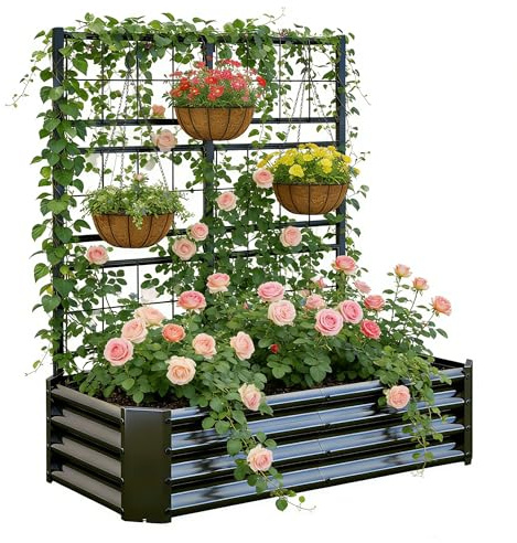 Hochbeet mit Rankgitter, Metall-Pflanzkasten mit Rankgitter, robuster Pflanzkasten für Kletterpflanzen, Gemüse, Tomaten & Blumen,als Sichtschutz für Balkon & Terrasse,121x61x134 cm, Schwarz