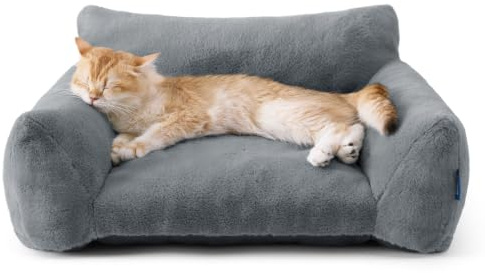 Bedsure Cat Sofa Bed Large - Cat Bed for Indoor Pets, 61x46x25cm, Dark Grey | Removable Washable Cover, Anti-Slip Bottom, for Small Dogs Puppy Kitten, Fluffy and Soft Pet Couch, Cute, Stylish