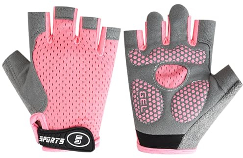 Guanti Sportivi per Bambini, Guanti da Ciclismo a Mezze Dita, Protezione Antiscivolo Sul Palmo, Seta di Ghiaccio, Rete Elastica, Adatti per Ciclismo, Pattinaggio a Rotelle e Altri Sport (Rosa, L)