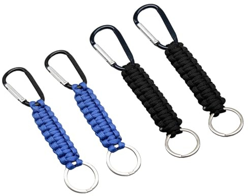 Lot de 4 Porte Clé Mousqueton Paracorde Tressé Homme Femme, Accroche Sac à Dos Ceinture, Kit Survie Camping Randonnée, Mousqueton Porte Clef Robuste Léger, Noir et Bleu Roi pour Outdoor Activités