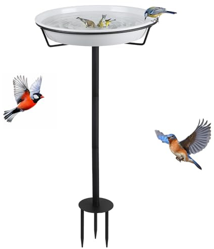 DBREAKS Metall Vogeltränke Stehend 30CM für Draußen Garten Höhenverstellbar Vogelfutterspender Ständer auf Stab, Vogelbecken Groß Schüssel Winterfest Wassertränke für Wildvögel, Weiß