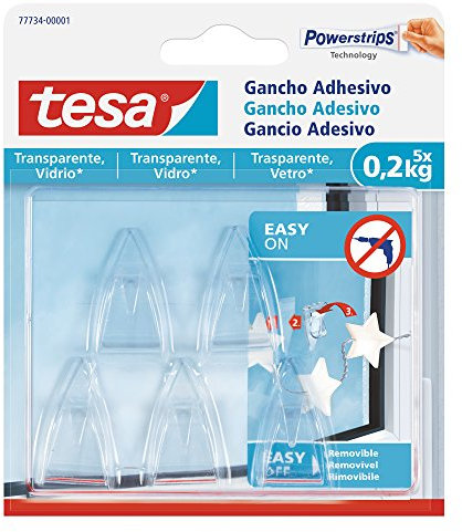 Tesa Gancio Adesivo per Trasparenti e Vetro 0.2 kg - Gancio Adesivo per Specchi e Superfici Trasparenti - Peso fino a 0.2 kg - Confezione da 5 Ganci e 8 Strisce Adesive in Dotazione