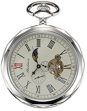 Treeweto - Orologio meccanico da tasca, con meccanismi visibili, quadrante con numeri romani in formato 24 ore, catenella, in argento, con rotazione di sole e luna, con confezione regalo