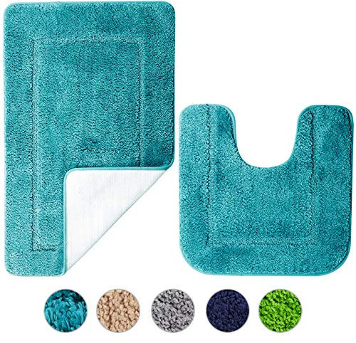 SOANNY Badematte 2er Set, Weicher Mikrofaser Badezimmerteppich, rutschfest & Wasserabsorbierend, 53x86 cm Badteppich & 50x50 cm WC Vorleger, Türkis